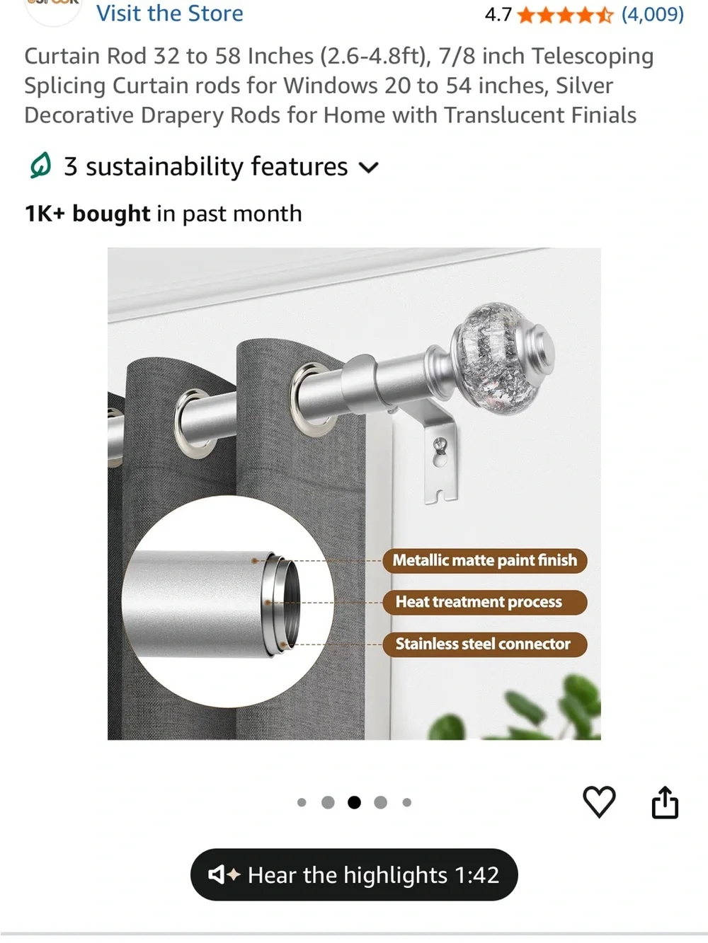 Silver Curtain Rod with Clear Crackle Glass Finial